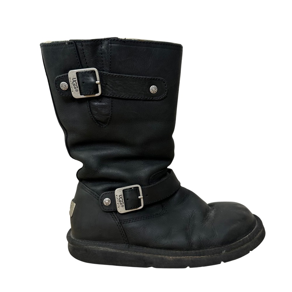 UGG Australia Kensington Moto‎ Boots Women's US 7 Black Leather Buckle Sheepskin